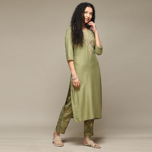 BIBA Women's Sap Green Rayon Straight Kurta Palazzo 2 Piece Set_44