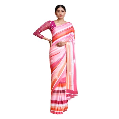 Kalyan Silks Women's Orange Saree With Floral Prints Without Border With Plain Light Pink Blouse