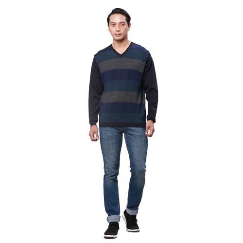 Park Avenue Men's Regular Fit Acrylic Wool Blend Full Sleeve V Neck Stripe Pattern Fancy Blue Casual Sweater (Size: XS)-PCWA00268-B9