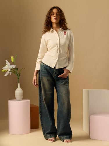 The Souled Store I'm Fab Women and Girls Full Length Collared Cream Embroidered Polyester Slim Fit Wrinkle Resistant Lightweight Everyday Shirt for Casual Street Wear