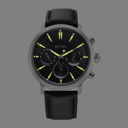 Titan Stellar Quartz Multifunction Black Dial Black Leather Strap Watch for Men - NT10012SL01