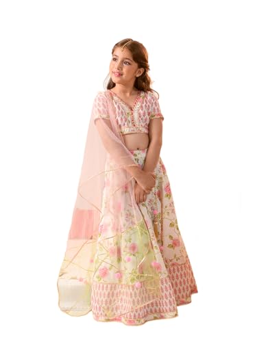 Pspeaches Girl's Cotton Readymade Lehenga Choli (L-Offwhitepinkbooti_Off White_10-12Y)