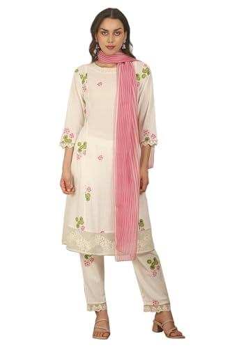 W for Woman White Floral Printed Checker Cotton A-line Kurta, Pants and Dupatta Set (Size: 2XL)-WS12519-125534