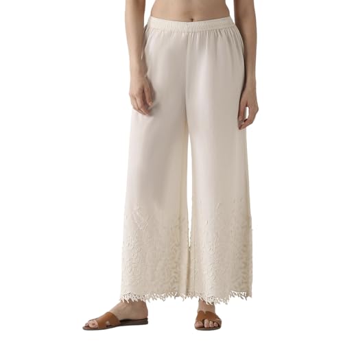 BIBA Women Off White Cotton Flared Palazzos_S