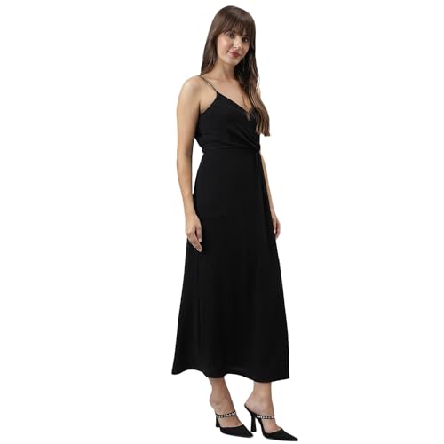 Latin Quarters Women Black V-Neck Strap A-Line Solid Dress_XL