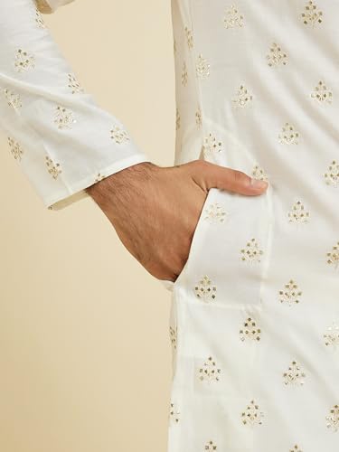 Manyavar Men's Viscose Blend Golden Threadwork Kurta Pyjama Set(Warm White,M)