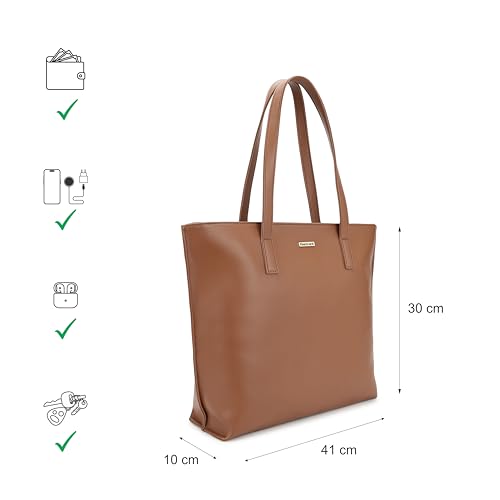 Fastrack Carrycore Tote | Tan Faux-Leather Women's Bag | Spacious Tote Bag with Zipper Closure & Utility Pockets For Daily Carry| Eligible For 14" Laptop
