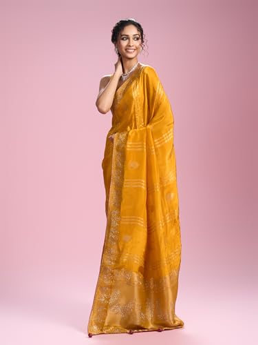 MOHEY Women's Art Silk Stone Work, Weave Saree with Blouse Piece(Mustard Yellow)