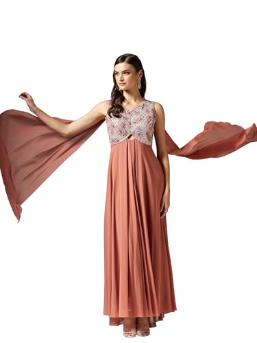 Miss Chase Women's V-Neck Sleeveless Floral Cut-Out Georgette Maxi Dress (MCSS24D06-70-288-03, Dark Peach, S)