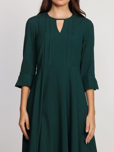 Zink London Women's Dark Green Solid A-Line Midi Dress - SaumyasStore
