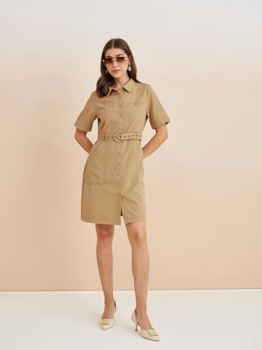 Latin Quarters Women's Beige Collar Neck Half Sleeves Solid Casual Shirt Dress_S