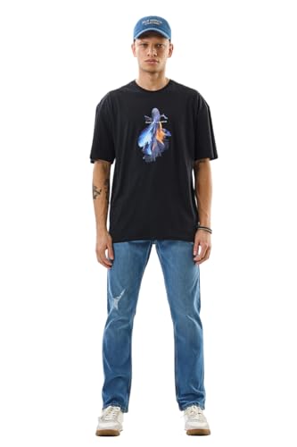 SNITCH Men Blue Jeans | Comfort Fit Mid Rise Straight Leg | Cotton Blend with Medium Stretch & Light Distressed Pattern | Casual & Street Wear for All Seasons