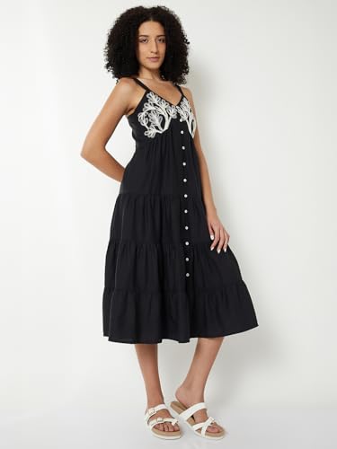 Max Women Embroidered Tiered Midi Dress (Black_XS)