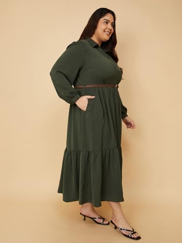 Max Women Textured A-line Tiered Shirt Dress with Belt (Green_3XL)