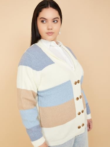 Max Women Knit Colourblock Cardigan (Blue_3XL)