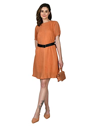 Zink London Women's Orange Self Design A-Line Short Dress