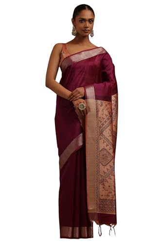 Soch Womens Wine Tussar Botanical Printed Saree