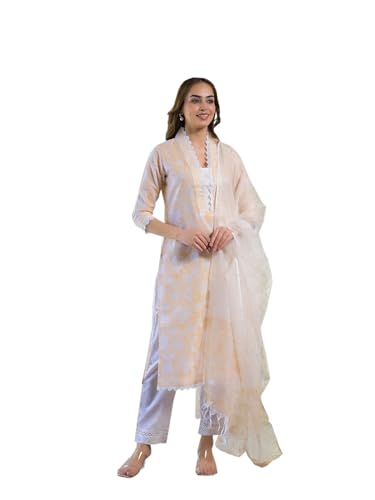 Divena Peach Block Print Cotton Straight Kurta Pant with Dupatta
