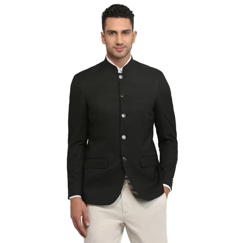 Raymond Men Regular Fit Solid Pattern Poly Viscose Blend Stand Collar Full Sleeve Ceremonial Jacket (Size: 38)-RIJI00130 Black