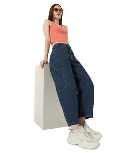ONLY Women Washed Cotton Loose Fit High Rise Blue Jeans