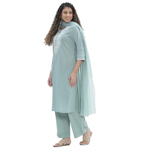 BIBA Women Green Cotton Straight Suit Set_42