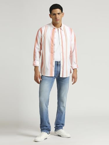 Pepe Jeans Men's Striped Regular Fit Shirt (Peach Orange) - SaumyasStore