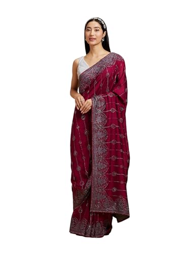 MOHEY Women's Art Silk Stone Work|Zari Saree(Wine)