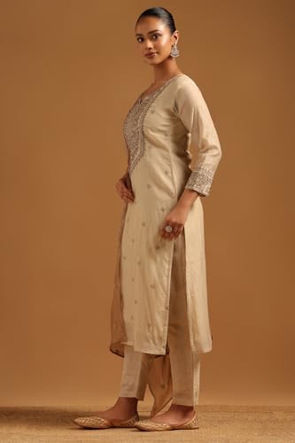 Soch Womens Beige Mul Chanderi Botanical Embroidered Salwar Suit