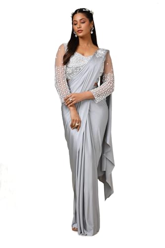 Soch Womens Grey Nylon Blend Saree With Beads