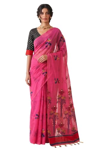 Label Aarna Women's Blush Pink Cotton Saree with Unstitched Blouse Piece | Woven | Motifs Across Pallu | Indian Ethnic Wear