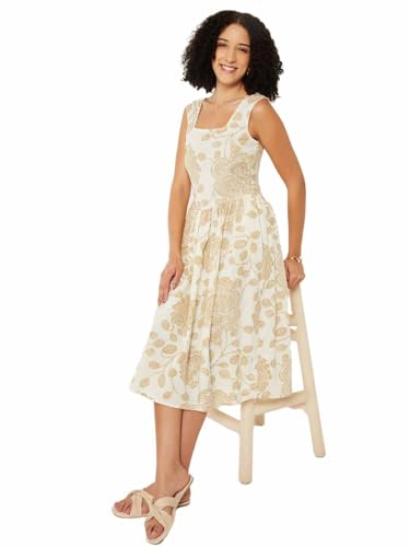 Max Women Printed Fit & Flare Midi Dress (Beige_XL)