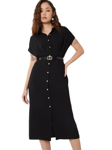 Max Women Solid Shirt Dress with Belt (Black_L)