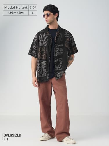 The Souled Store: Echoes of Harappa Men and Boys Short Sleeve Spread Collar Button Front Black Abstract Printed Polyester Viscose Blend Oversized Shirt