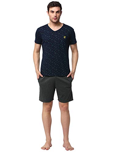 VIMAL JONNEY Cotton Blend Night Suit Co-ord Set for Men with V-Neck Half Sleeve T-Shirt and Short-V_P1NVY_D11_ANT_02-XL