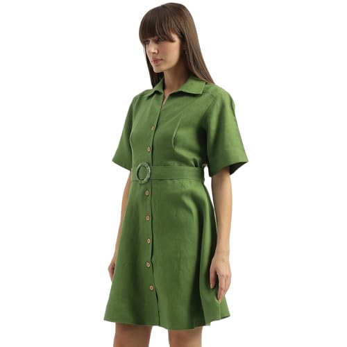 UNITED COLORS OF BENETTON Shirt Collar Solid A-Line Dress (Size: L)-25P4WVNDR150I1R8 Green