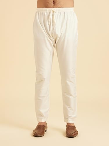 Manyavar Men's Linen Blend Thread Embroidered Casual Kurta Pajama Set (Cream,M)