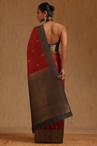 Soch Womens Deep Red Tussar Paisley Zari Woven Saree
