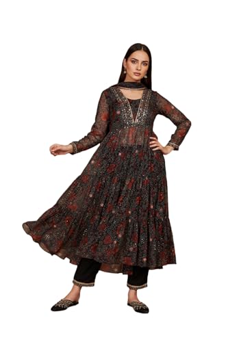 W for Woman Black Floral Printed Chiffon Flared Kurta with Straight Pant and Dupatta Set (WS13197-126216-XS)