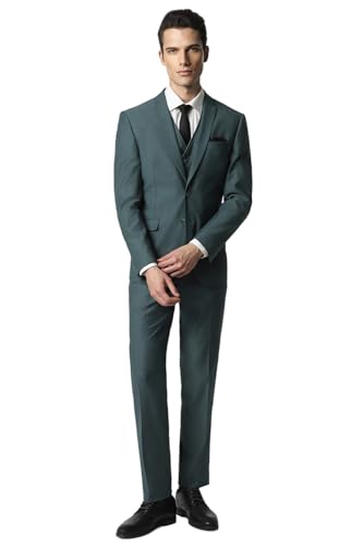 Men Green Textured Slim Fit Wedding Three Piece Suit