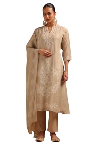 Soch Womens Beige Linen Floral Print Suit Set With Mirror Work