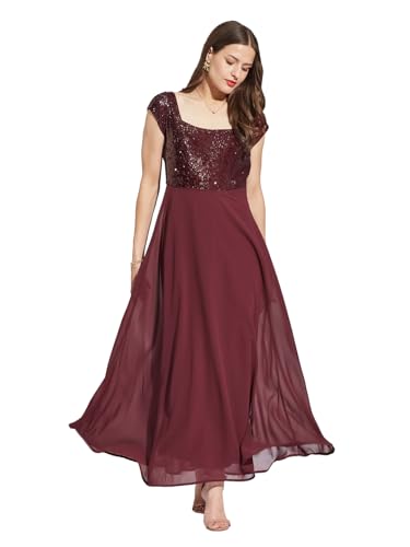 Latin Quarters Women Maroon Square Neck Cap Sleeves Solid Maxi Fit & Flare Dress XL