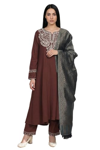 W for Woman Maroon Sequins Rayon Blend A Line Kurta with Straight Pant and Shawl Set - (WS13323-224575-XXL)