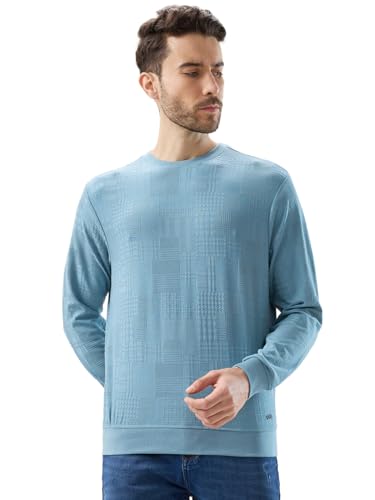 Status Quo Men's Geometric Textured Round Neck Full Sleeve Regular Fit T-Shirt | 50% Cotton 45% Polyester 5% Lycra | S.Blue | M Size