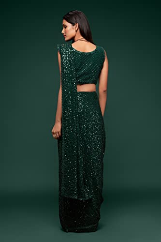 Zeel Clothing Women's Dark Green Sequins Work Heavy Georgette Saree with Blouse (1008-Deep-Green-Sequins-Party-Saree, Deep Green)