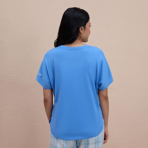 NYKD Buttery Soft Modal Cotton Graphic Tee for Women with Extended Sleeves – Comfortable Relaxed Fit, Stylish Design, Model NYS931 Blue