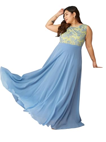 Miss Chase A+ Women's Round Neck Sleeveless & Lace Floral Fit & Flare Maxi Dress (APSS21D06-11-471-06, Cloud Blue, XL)