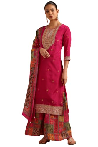 Soch Womens Fuchsia Viscose Blend Ethnic Motifs Zari Embroidered Salwar Suit With Sequin