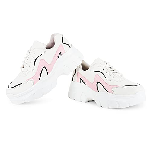 LENSBURY Women's Shoes for Walking Gym Training, Casual, Sports, Slip-On, Lightweight Lace up Athletics Slipon Running Sneaker for Ladies and Girls LBCNV-THAR-6056BL-37 White