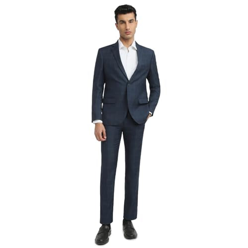 Park Avenue Men Slim Fit Solid Pattern Terry Rayon Blend Notch Lapel Full Sleeve Formal Suit Blue