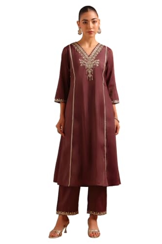 Soch Womens Wine Viscose Blend Embroidered Zari Embroidery Kurta Set
